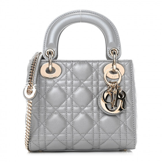 Metallic Lambskin Cannage Mini Lady Bag Grey