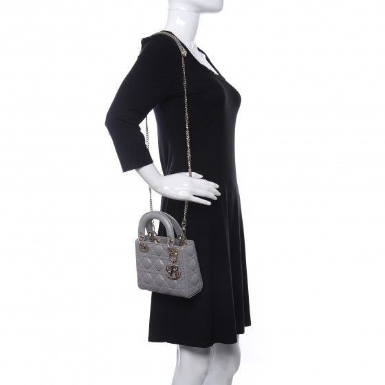 Metallic Lambskin Cannage Mini Lady Bag Grey