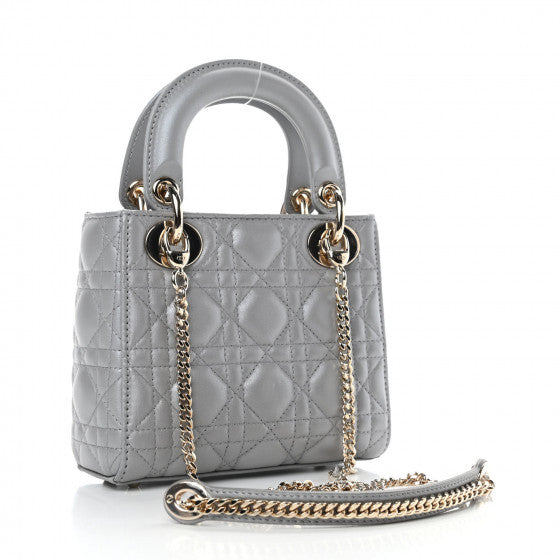 Metallic Lambskin Cannage Mini Lady Bag Grey